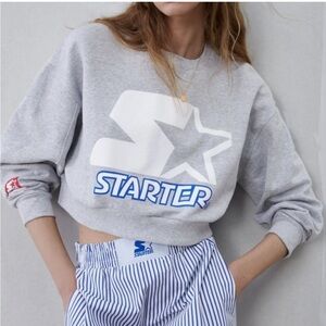 ZARA x STARTER Cropped Sweatshirt Pullover Spellout Gray Size Medium NEW